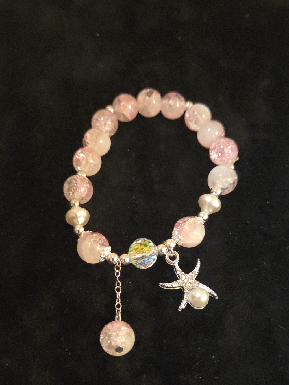 Pink Crystal Glass Beaded Bracelet with Starfish Charm